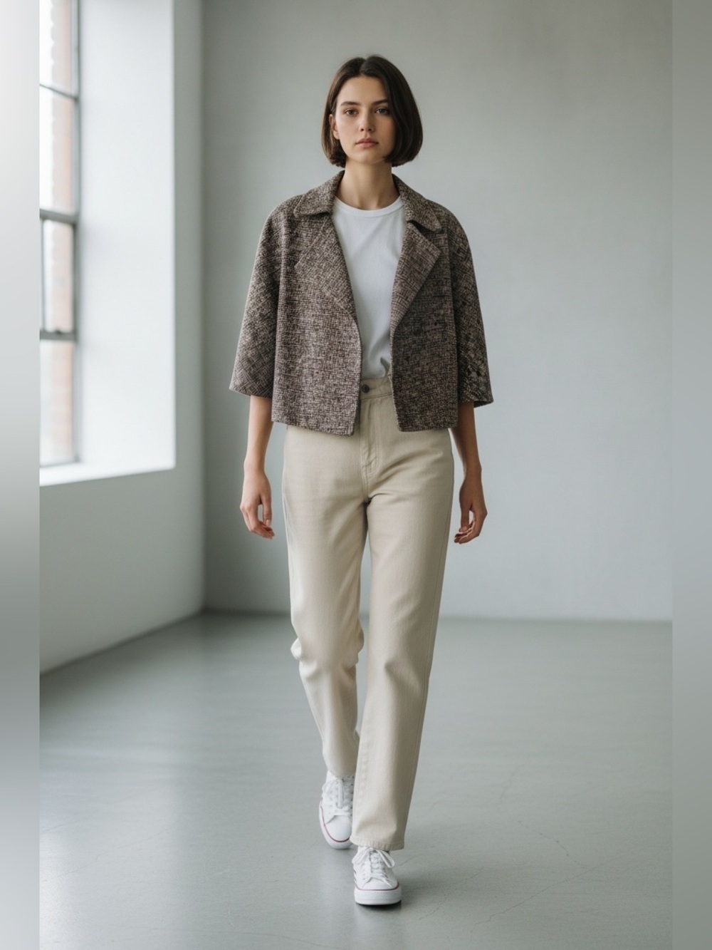 MARNI Brown and White Patterned Half Sleeve Cropped Blazer